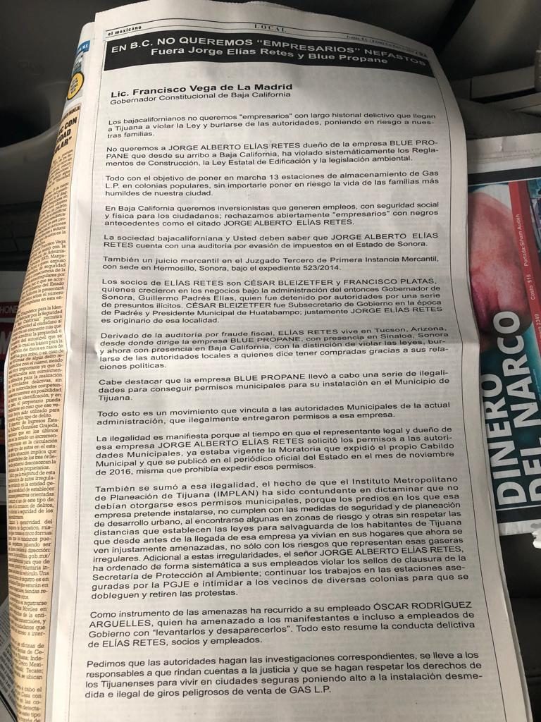 En el manifiesto público, los vecinos afirman que “en Baja California queremos inversionistas que generen empleos, son seguridad social y física para los ciudadanos; rechazamos abiertamente "empresarios" con negros antecedentes.