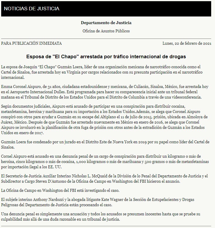 Detenida, Chapo Guzmán, arrestada, Estados Unidos